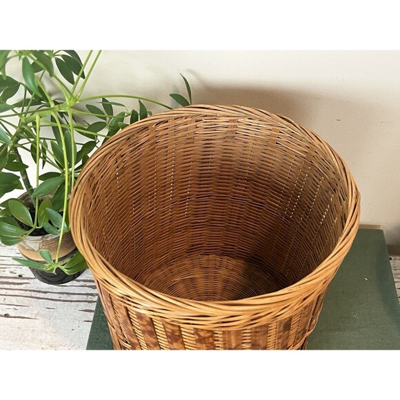 Vintage Burnt Bamboo Wicker Waste Basket / Planter 8.25” x 8” Boho Chic - Picture 4 of 10